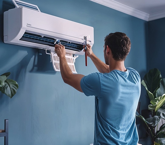 W&P HVAC technician installing a ductless indoor unit with floor protection in Westchester.